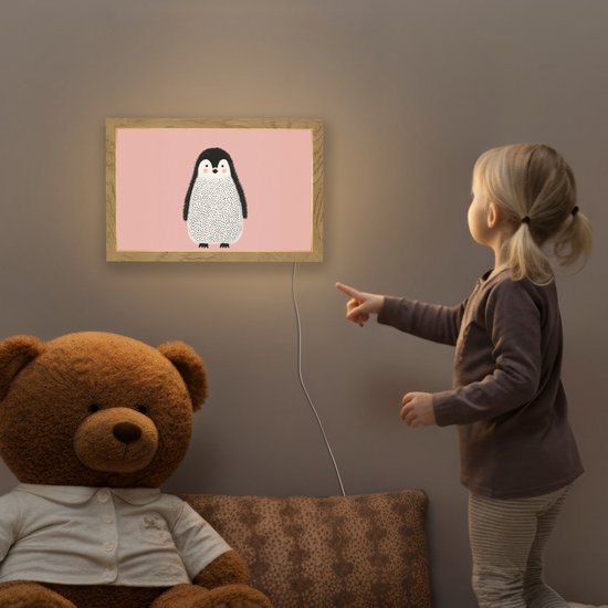 Nachtlampje 30x20 cm - Kinder lamp - Pinguïn - Stippen - Minimalistisch - Roze - Tafellamp kinderkamer - Slaapkamer lamp - Bedlamp kinderen - Kinderlampje stopcontact - Wandlamp babykamer - Nachtlampjes van Merkloos — afbeelding 5