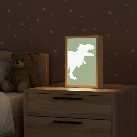 Nachtlampje 20x30 cm - Kinder lamp - Dino - T-rex - Dinosaurus - Groen - Tyrannosaurus rex - Tafellamp kinderkamer - Slaapkamer lamp - Bedlamp kinderen - Kinderlampje stopcontact - Wandlamp babykamer - Nachtlampjes van OnlyWow — afbeelding 2