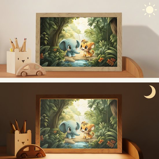 Nachtlampje 30x20 cm - Kinder lamp - Olifant - Tijger - Bos - Jungle - Tafellamp kinderkamer - Slaapkamer lamp - Bedlamp kinderen - Kinderlampje stopcontact - Wandlamp babykamer - Nachtlampjes van Merkloos — afbeelding 4