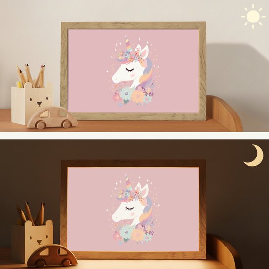 Nachtlampje 30x20 cm - Kinder lamp - Eenhoorn - Roze - Bloemen - Tafellamp kinderkamer - Slaapkamer lamp - Bedlamp kinderen - Kinderlampje stopcontact - Wandlamp babykamer - Nachtlampjes van Merkloos — afbeelding 4