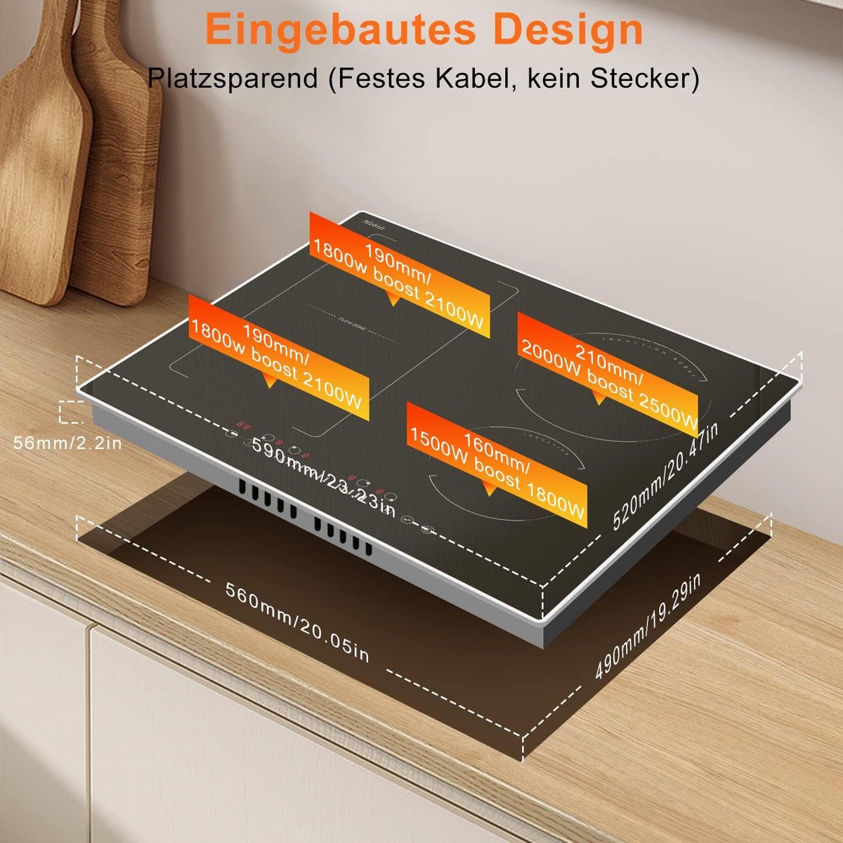 Inbouw Inductiekookplaat 4 Zones met Flexibele Zone - 59 cm - Zwart Chefskookplaat