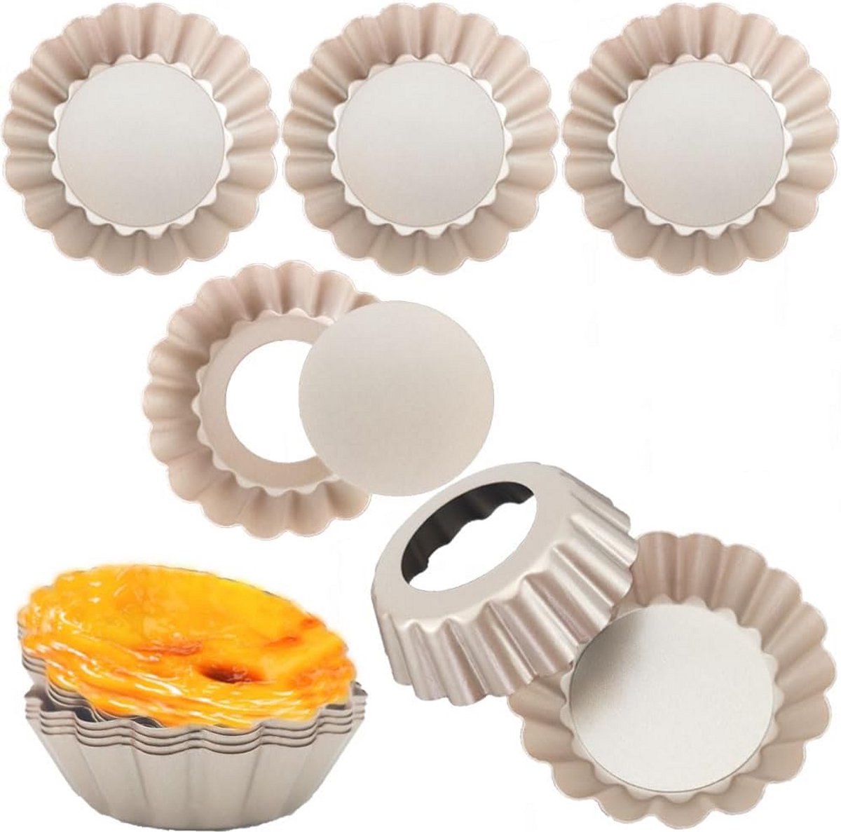 Set van 12 Mini Taartvormen met Verwijderbare Bodem - 7,5 cm - Anti-Aanbak Koolstofstaal