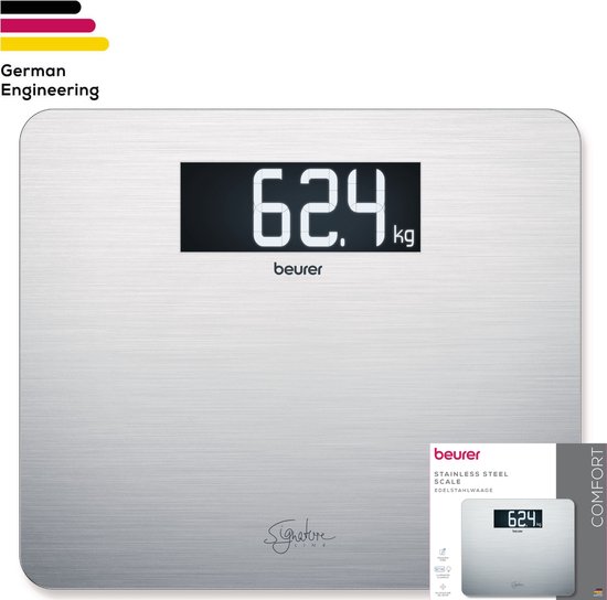 Beurer GS 405 Personenweegschaal - Digitaal - Veiligheidsglas 8 mm - RVS sta-oppervlak - XXL verlicht display - Tot 200 kg - XL weegoppervlak 30 x 35 cm - Quick Start - Incl. batterijen - 5 Jaar garantie