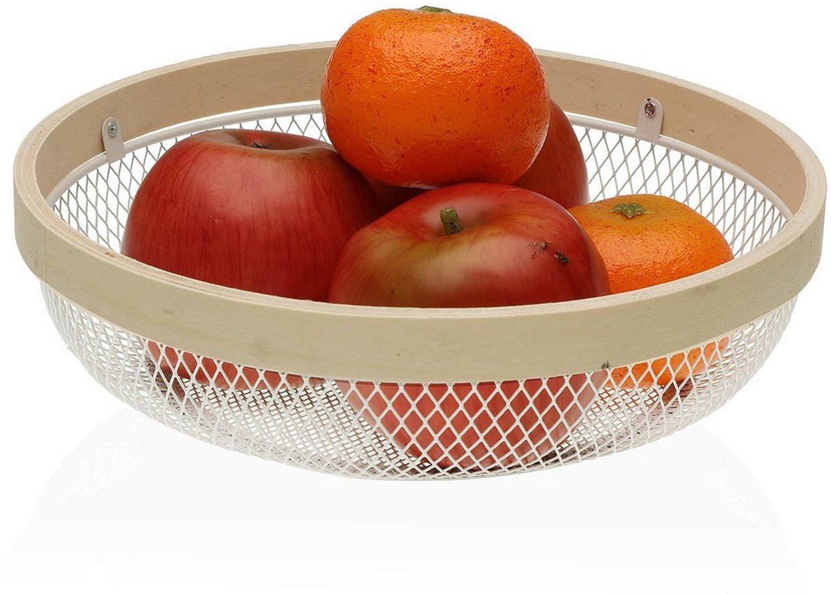 Doodadeals® Fruitschaal – Moderne Fruitmand van Metaal met Houten Rand – Wit – Ø 25 cm
