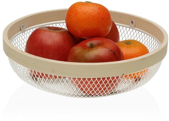Witte metalen fruitschaal met houten rand, gevuld met appels en sinaasappels.