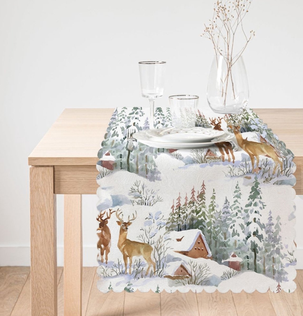 Velvet Textiel Kersttafelloper - 45x260 cm - Rendieren & Berghuisje - Tafellaken - Kerst Decor - Runner - Tafelkleed