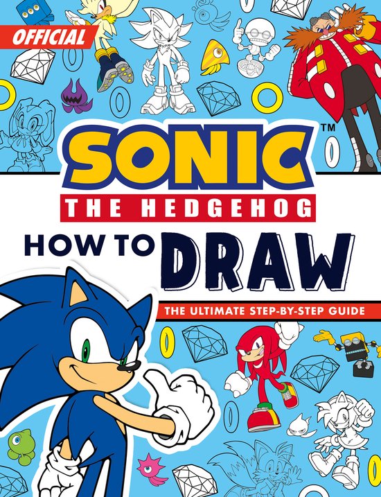 Officiële "Sonic The Hedgehog How to Draw" cover met Sonic, Tails, Dr. Eggman, Knuckles, Amy, en anderen op een lichtblauwe achtergrond met ringen en diamanten.