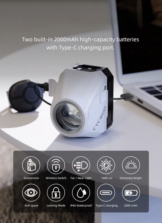 Cyclami Fietslamp LED - Inclusief Stuurhouder - Fietsverlichting - 1600 Lumen - USB-C Oplaadbaar - Aluminium - Waterbestendig - Anti-verblindend - Met Navigatiehouder & GoPro-mount - Inclusief Afstandsbediening — afbeelding 2