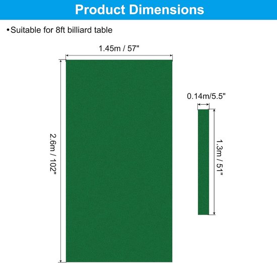 Professioneel Groen Biljartdoek (Vilt) voor Pooltafel en Snooker - Inclusief 6 Stofstrips - 2.4m Vervangingstafelkleed — afbeelding 5
