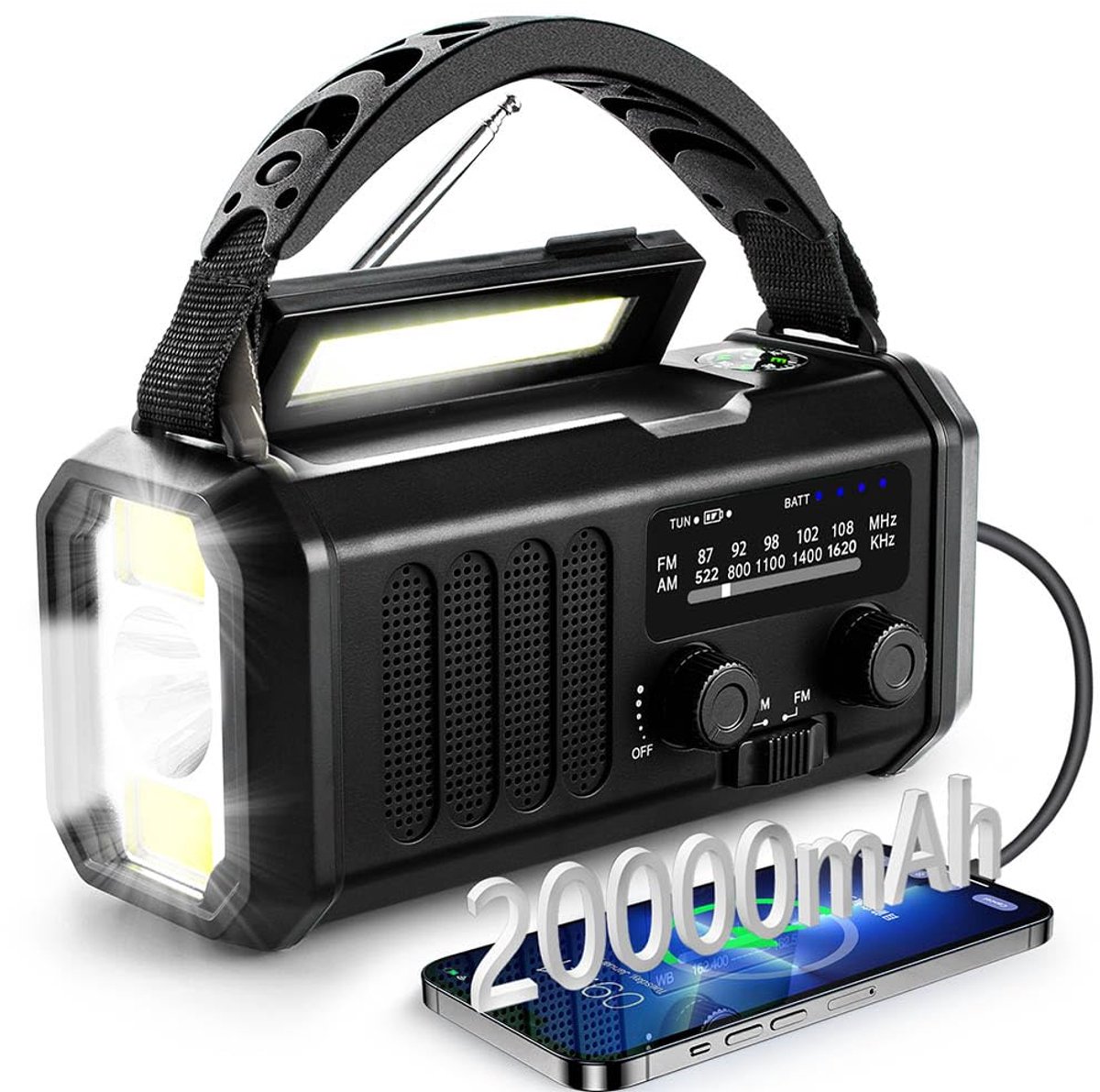 Unyqoos® Draagbare noodradio met grote batterij en zonne-energie oplader voor buitengebruik