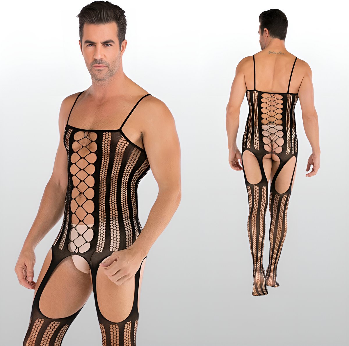 LekkerStout Heren Jarretel Bodystocking - Zwart - Visnet Herenlingerie - One Size S-XL | LS143
