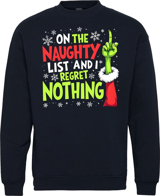 Kersttrui On The Naughty List | Foute Kersttrui heren dames | Christmas Sweater | Navy | maat M