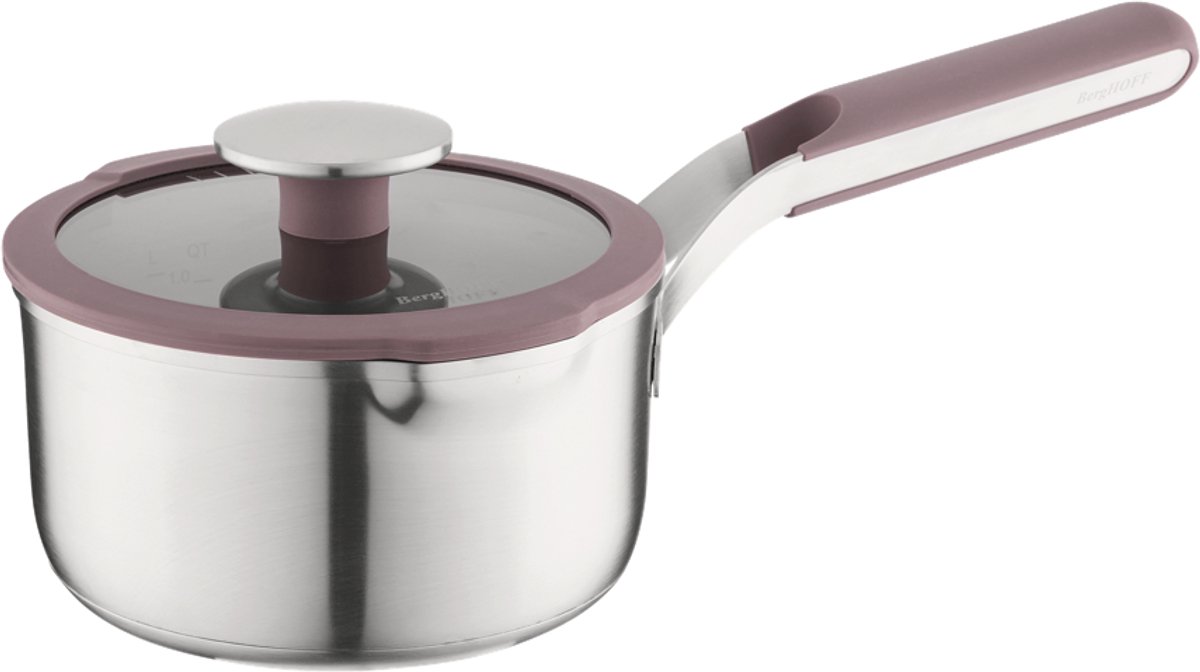 BergHOFF Home Elements Steelpan 16 cm - Rvs Steelpan met Deksel - PFAS-vrije-kasserol - Geschikt voor Inductie en Alle Warmtebronnen - Oven- en Vaatwasserbestendige pan - 1,5 L - Aubergine