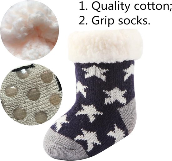 3 Paar Baby Sokken Anti-Slip met Sherpa Voering - Warme Slofjes voor Jongens en Meisjes — afbeelding 3