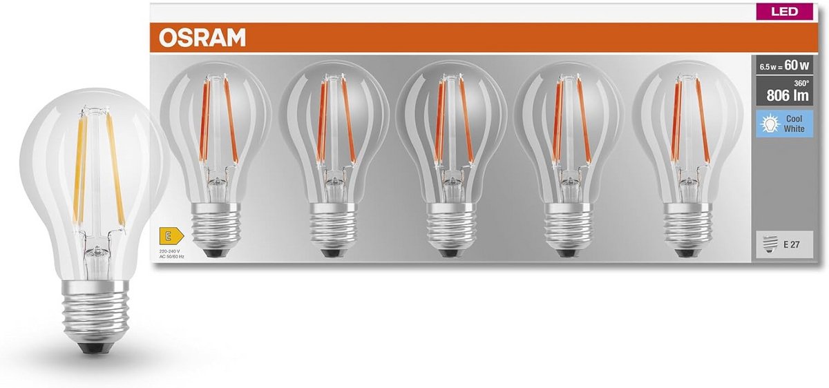 Set van 5 LED Lampen E27 6.5W Koel Wit 4000K Vervanger 60W Gloeilamp