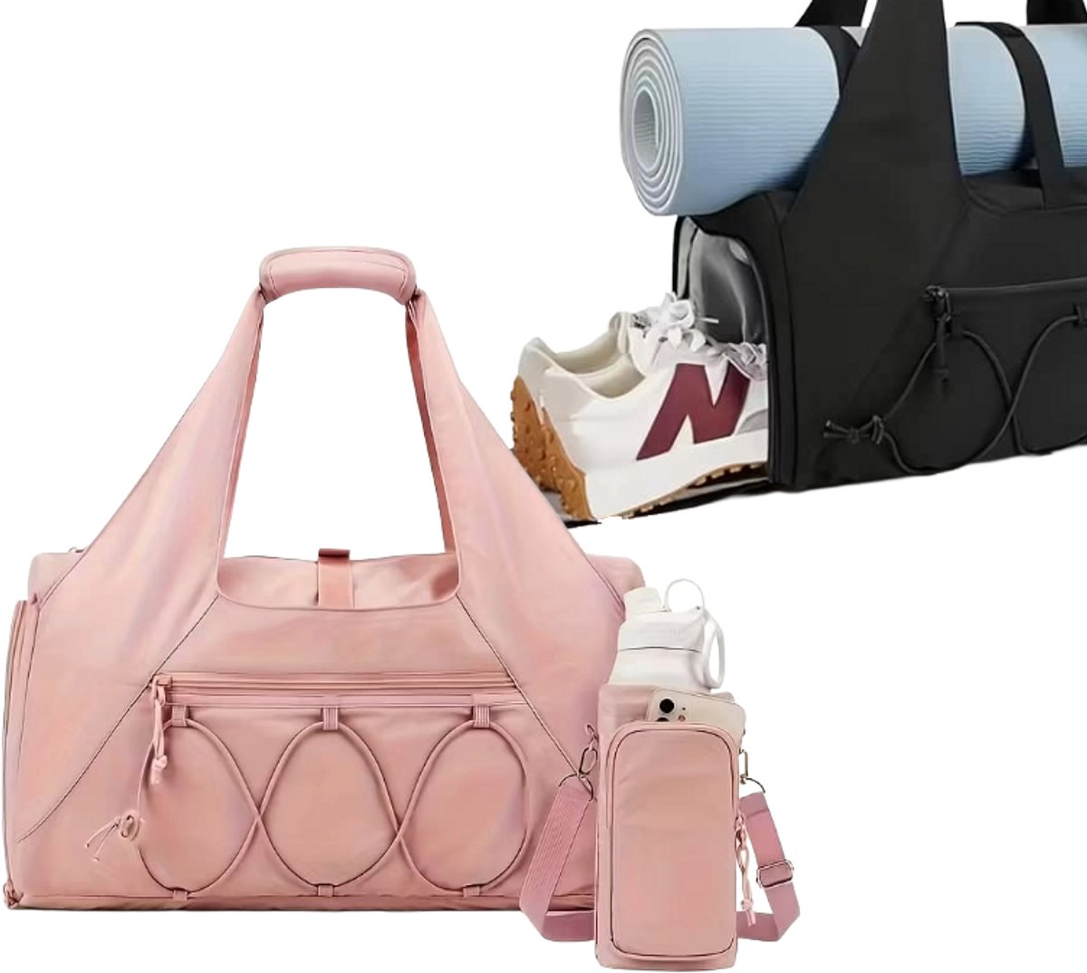 Mainius Sporttas met Schoenenvak & Fleshouder – Gymtas / Fitness Tas / Yoga Bag – Dames & Heren – Waterafstotend – 42L x 25H x 15,5B cm