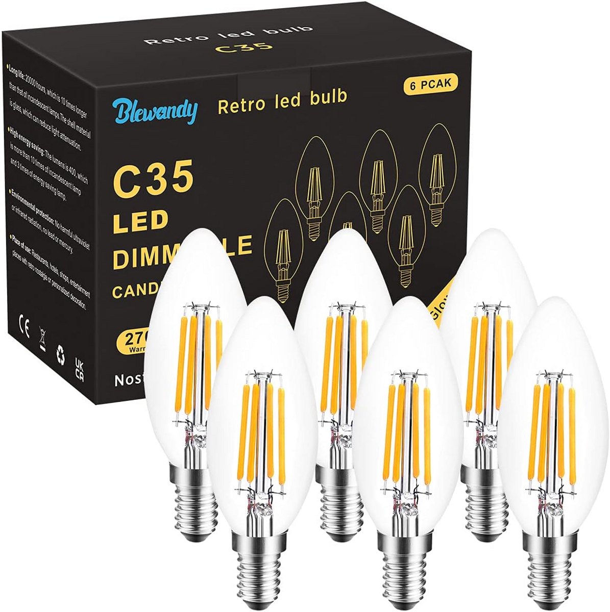 E14 LED Kaarslampen Dimbaar 4W Warm Wit 2700K - 40W Vervanger - 6 Stuks