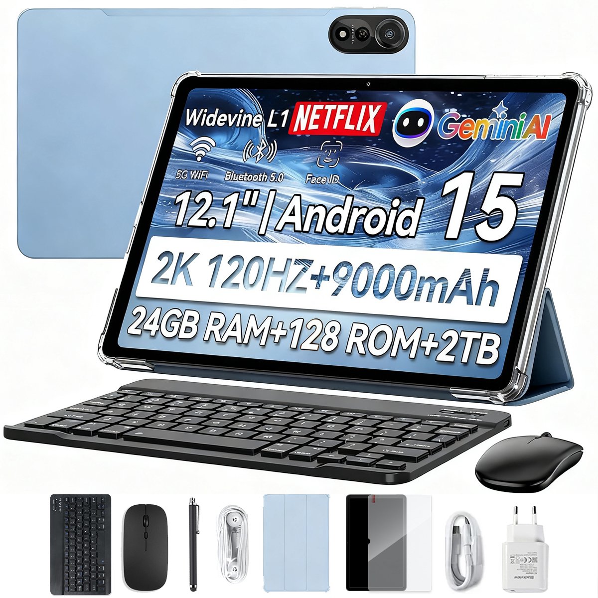 Blackview MEGA 2 Tablet Sets - 4G LTE+WiFi - 12 Inch - 24GB RAM - 128GB - Met Toetsenbord(QWERTY), Beschermhoes, Muis, Stylus - Android 15 - Widevine L1 - 9000mAh - Blauw