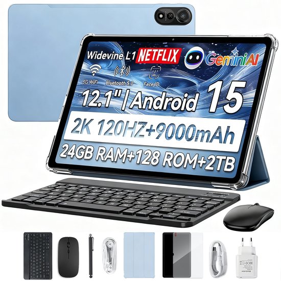 Blackview MEGA 2 Tablet Sets - 4G LTE+WiFi - 12 Inch - 24GB RAM - 128GB - Met Toetsenbord(QWERTY), Beschermhoes, Muis, Stylus - Android 15 - Widevine L1 - 9000mAh - Blauw