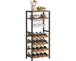 Staand wijnrek industrieel – 20 flessen + glashouder – Hout & metaal – Zwart – IN.HOMEXL Paradiso - 50 x 24 x 100 cm