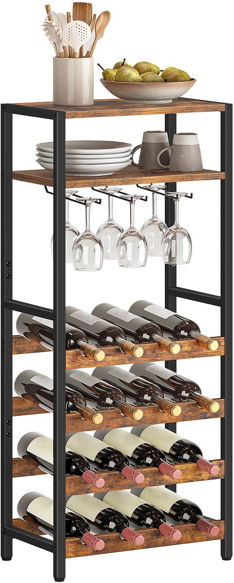 Staand wijnrek industrieel bruin metaal & hout – 20 flessen + glashouders – IN-HOMEXL Paradiso – 50 × 24 × 100 cm
