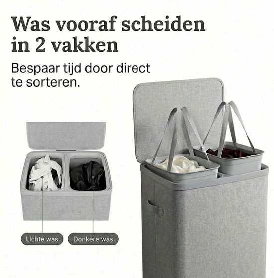 Panier à linge MAZAZU avec 2 compartiments - 100 litres - Trieur de linge avec couvercle - Poches de linge amovibles - Gris clair - Boîte de rangement pliable pour salle de bains et chambre à coucher - 56 × 40 × 67 cm