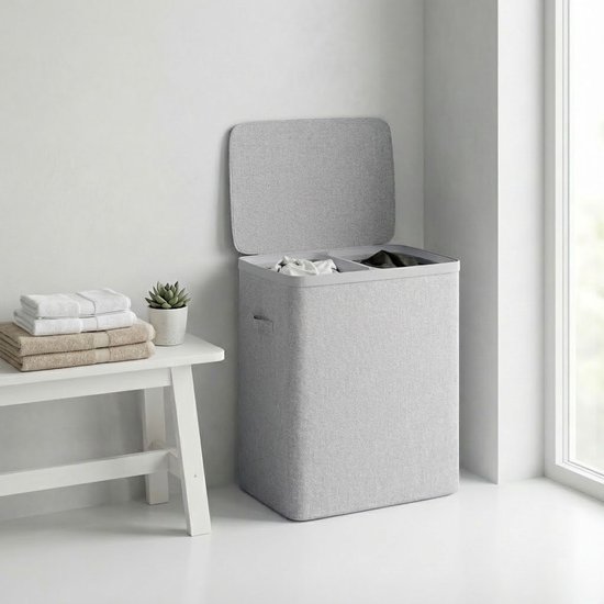 Panier à linge MAZAZU avec 2 compartiments - 100 litres - Trieur de linge avec couvercle - Poches de linge amovibles - Gris clair - Boîte de rangement pliable pour salle de bains et chambre à coucher - 56 × 40 × 67 cm