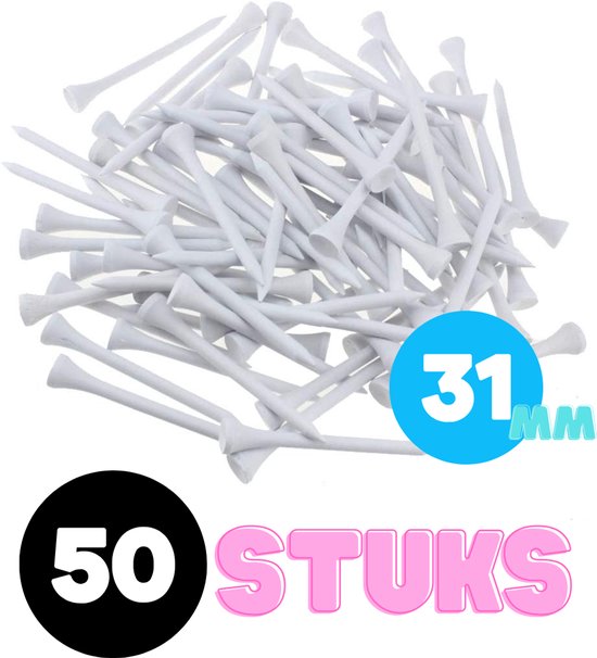 Een hoop witte 31mm golf tees, met tekst '50 STUKS' in het Nederlands.