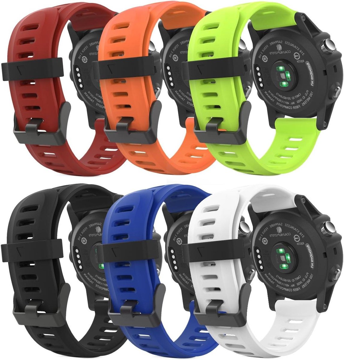 Silicone vervangende horlogeband voor sporthorloge, pakket van 6 banden in meerdere kleuren, compatibel met diverse modellen- Fenix 3-3 HR-5X-5X Plus-Tactix Charlie-Descent Mk1-Quatix 3.