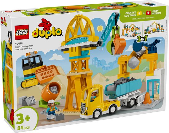 LEGO Duplo 10476 speelgoed: gele kraan, vrachtwagen, betonmixer, bulldozer.