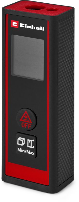 Einhell afstandsmeter zwart met rode accenten. Toont 'OFF' en 'Min/Max'.