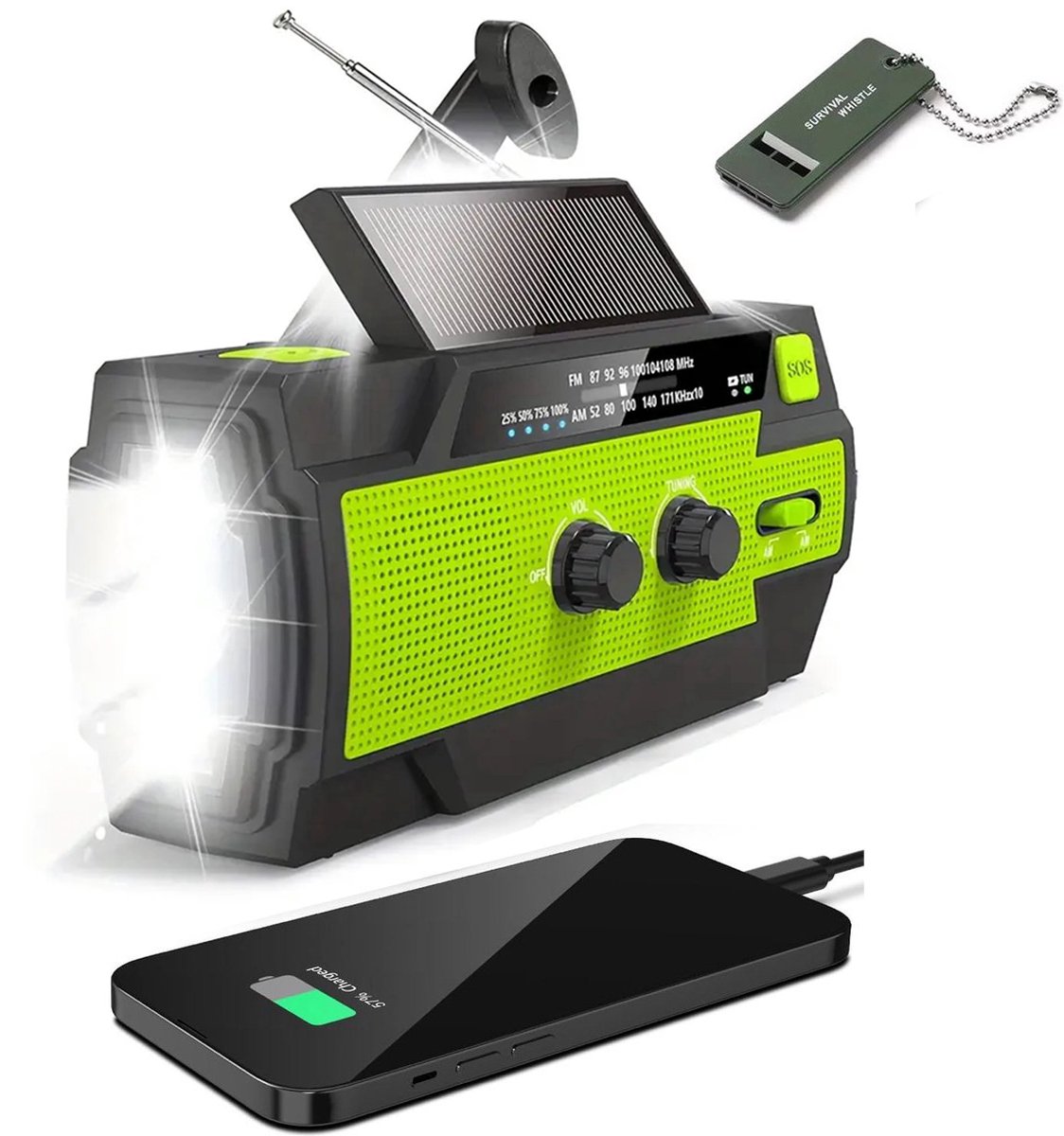 Noodradio Solar Opwindbaar en Batterij - Noodpakket - Draagbare Survival Radio - Inclusief Noodfluit - 4000 mAh - Powerbank Zonneenergie - Bouwradio - Zaklamp - Groen