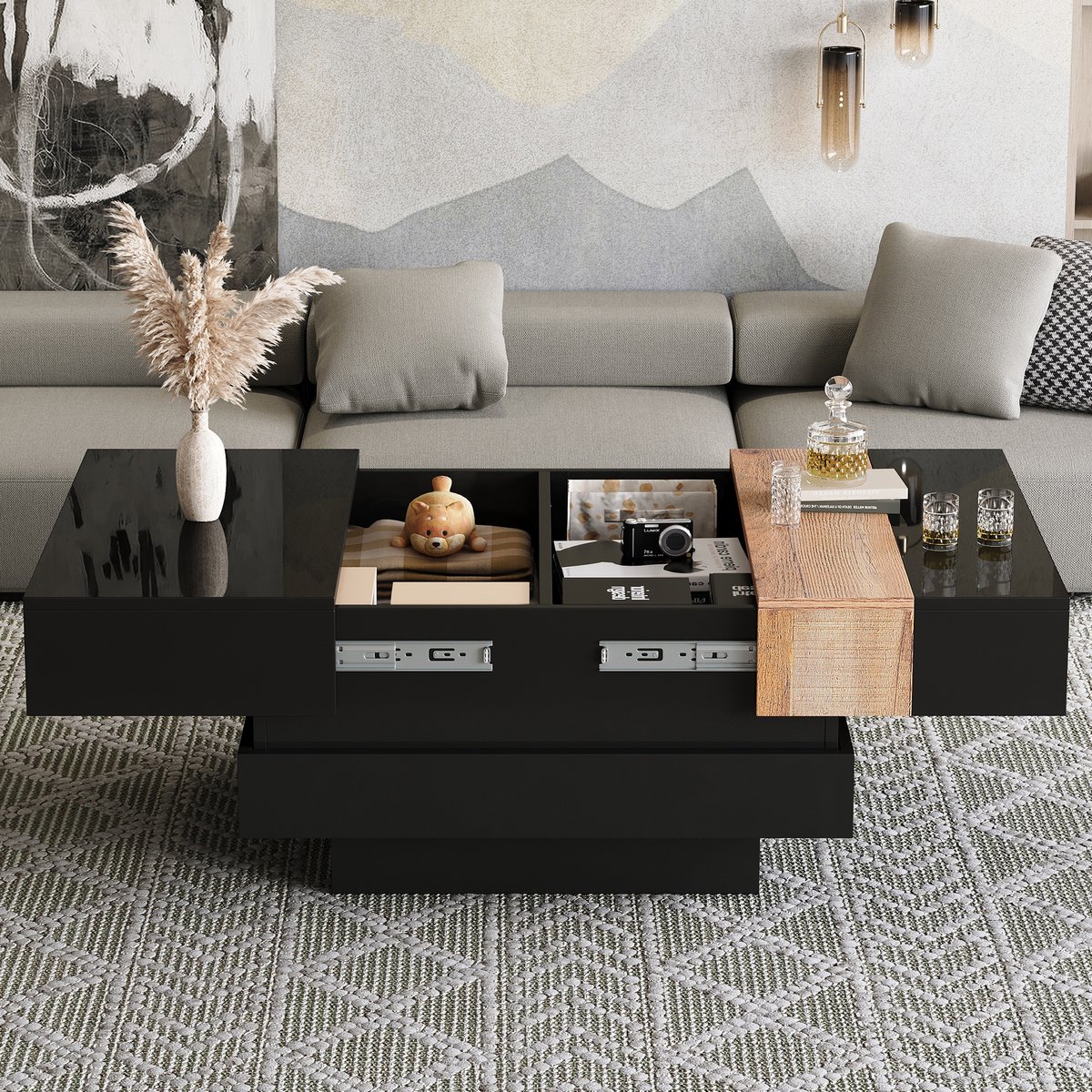 70*70*39cm vierkante salontafel, uitschuifbare salontafel met verborgen opbergruimte, theetafel met kleurblokdesign, hoogglans bijzettafel voor de woonkamer, zwart, MDF