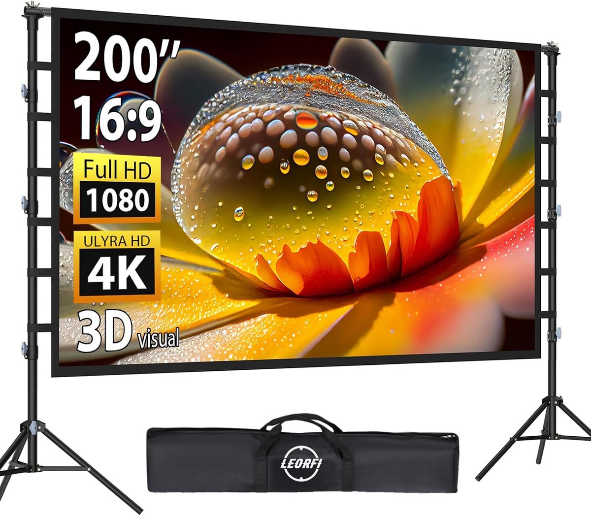 Draagbaar Projectiescherm 200 Inch met Standaard - 16:9 4K HD Binnen en Buiten
