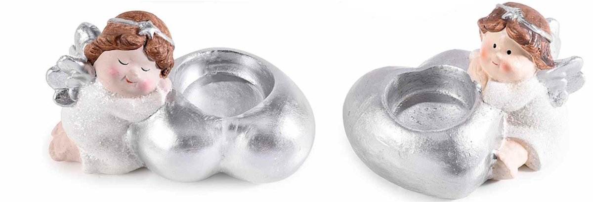 Engeltje met Zilveren hart - Waxinelichthouder - Set van 2 - Polyresin - met glitter