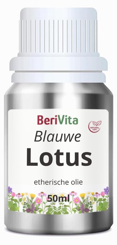 Zilveren flesje Berivita Blauwe Lotus etherische olie, 50ml.