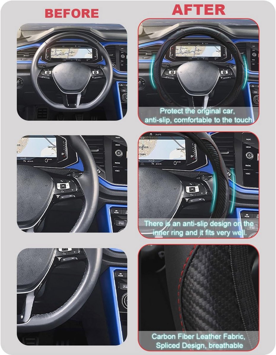 Universele Leren Stuurhoes voor Auto - Antislip, Ademend, Microvezel, 37-38 cm, Zwart/Rood – foto 4