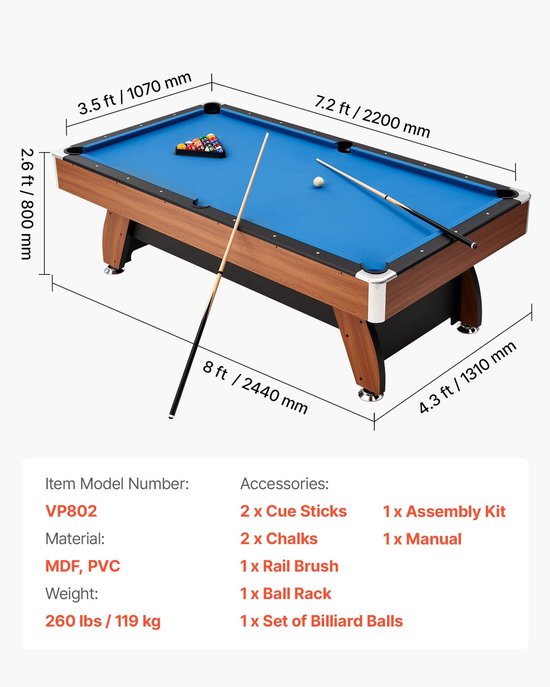Pooltafel - Biljarttafel 244 cm - Houten Blad - Verstelbare Poten - Complete Set Met Ballen, Keuen, Krijt En Borstel - Voor Speelkamer En Recreatieruimte - Blauw van Merkloos — afbeelding 2