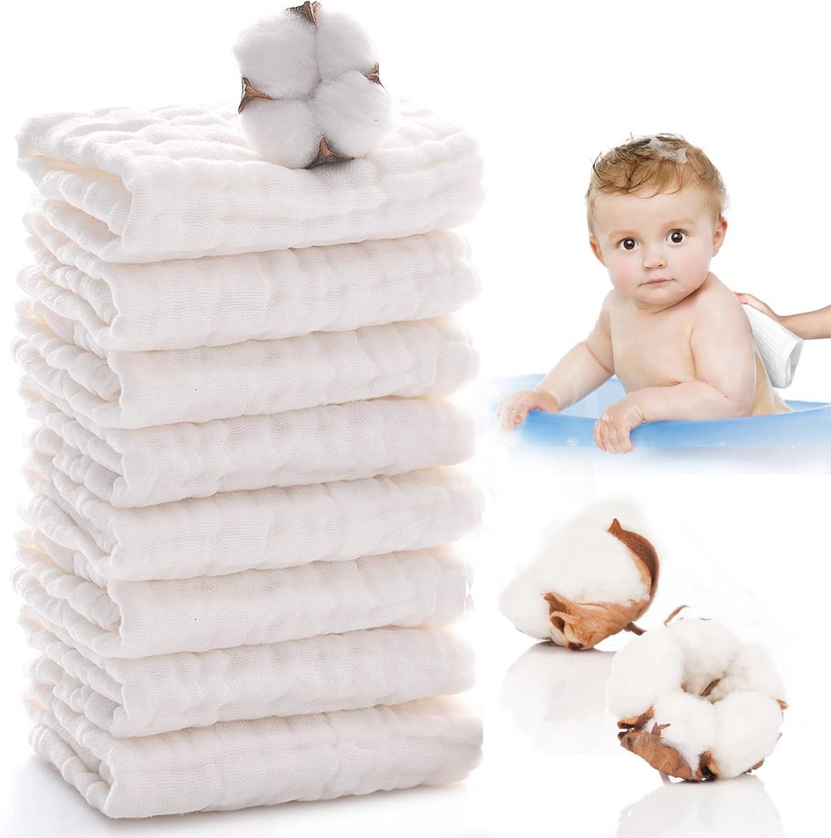 Zachte Muslin Wasdoeken van Biologisch Katoen voor Baby's - 8 Stuks - 25 x 25 cm