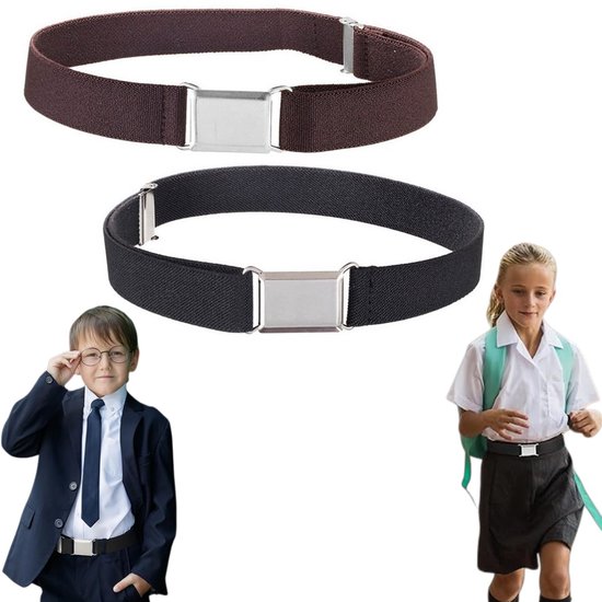 Bruine en zwarte elastische riemen met zilverkleurige gesp, met een jongen in pak en een meisje in schooluniform.