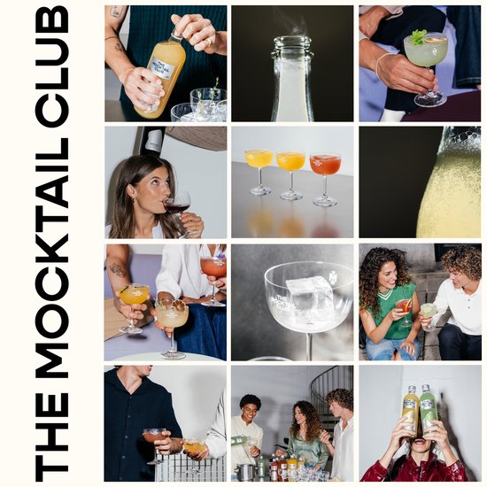 Collage van diverse mocktails en mensen die ervan genieten, met het logo The Mocktail Club.
