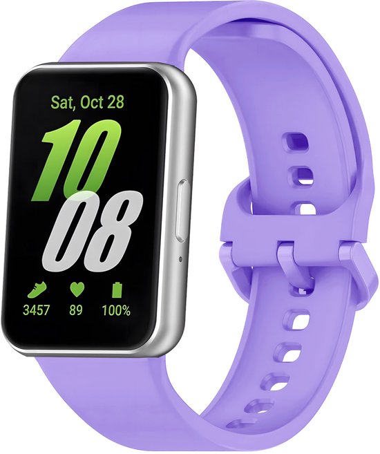 Bracelet de montre connectée en silicone violet avec cadre argenté. L'écran affiche "Sat, Oct 28" et "10 08".