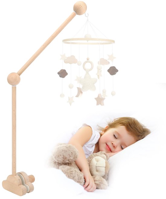Mobielhouder voor babybedje - Houten wolken ontwerp - Afneembare baby mobielhanger - In hoogte verstelbaar - Voor windgongen, bedbel & babyspeelgoed - Houtkleur