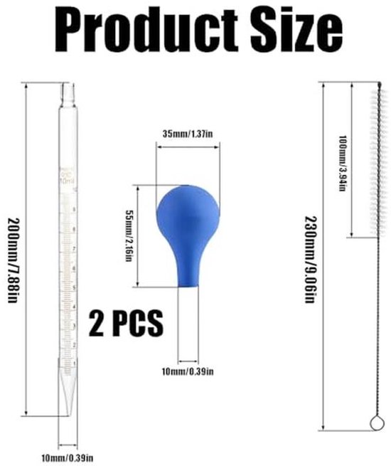 Glazen Pipet 10 ml met Rubberen Ballen en Reinigingsborstel - Set van 2 voor Laboratorium en Onderzoek — afbeelding 4
