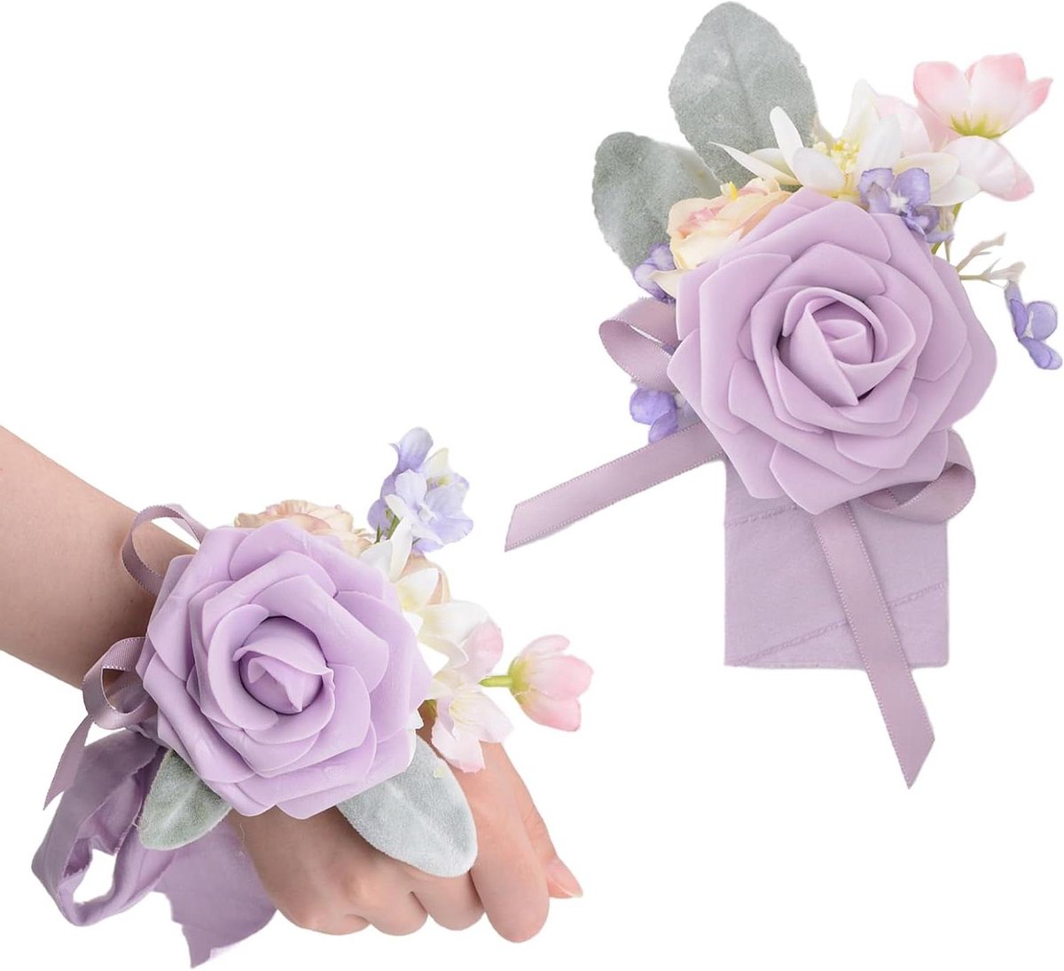 Allecta - Handcorsage en boutonniere set voor bruiloft en feest - Lichtpaarse kunstbloem armband - Afstuderen, prom, bruiloft decoratie