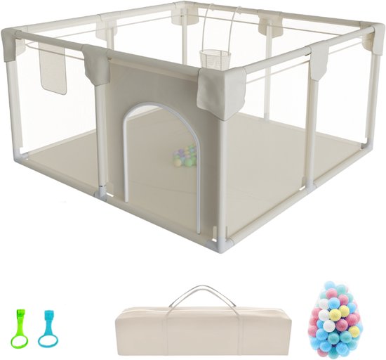 MosyMillie Boîte de sol - Boîte bébé - Boîte de sol bébé - Boîte de jeu - Boîte enfant - 117 x 117 cm - Balles de jeu - Sac de voyage - Beige sable