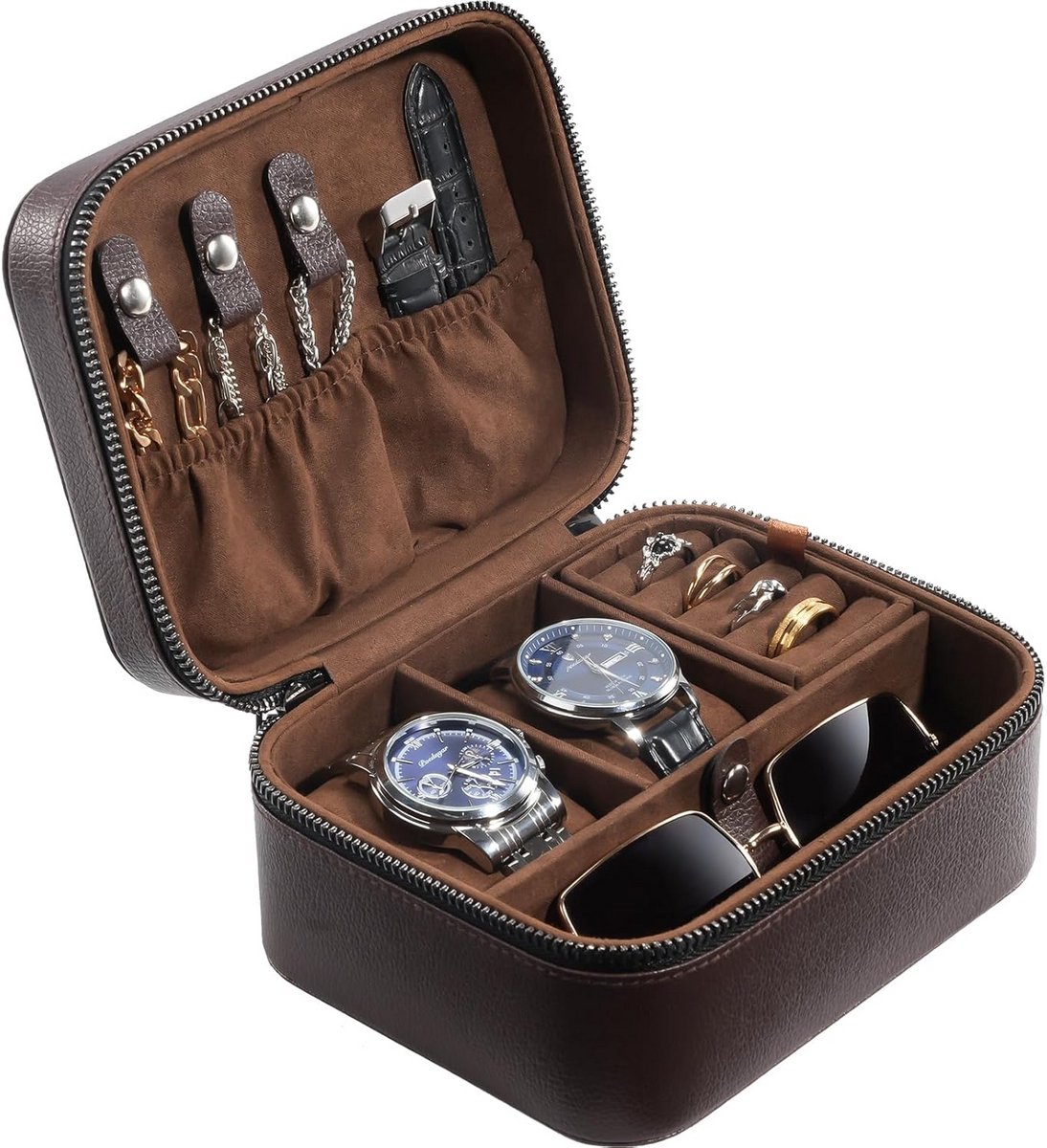 Reis Horloge Case met 2 Slots voor Horloge Accessoires - PU Leer Organizer met Rits voor Mannen - Bruin