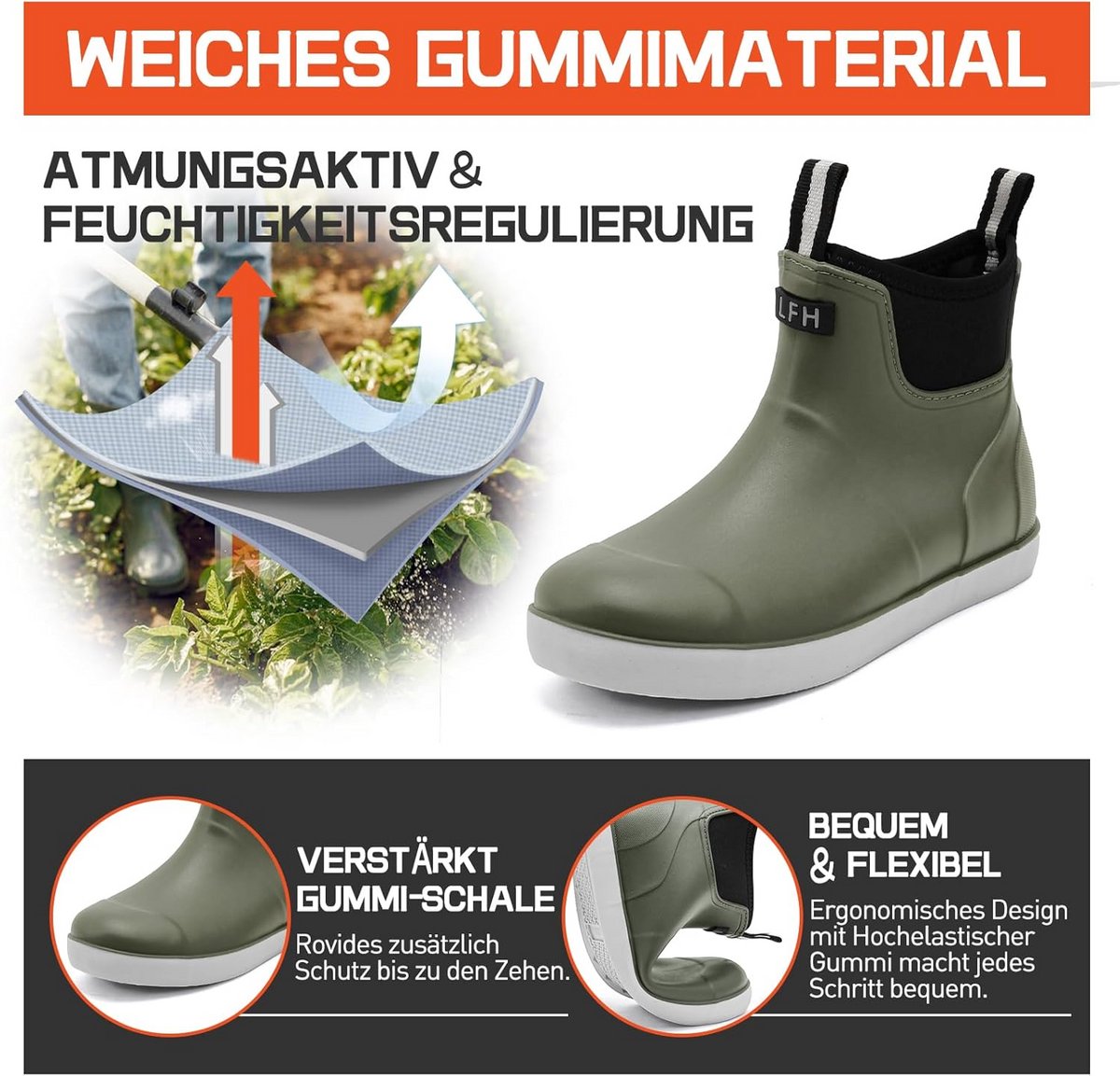 Yenxapei Rubberen laarzen voor heren, vislaarzen, veiligheidslaarzen voor heren, antislip, regenlaarzen, shorty boots, comfortabele lichte tuinschoenen, Donkergrijs, 40 EU