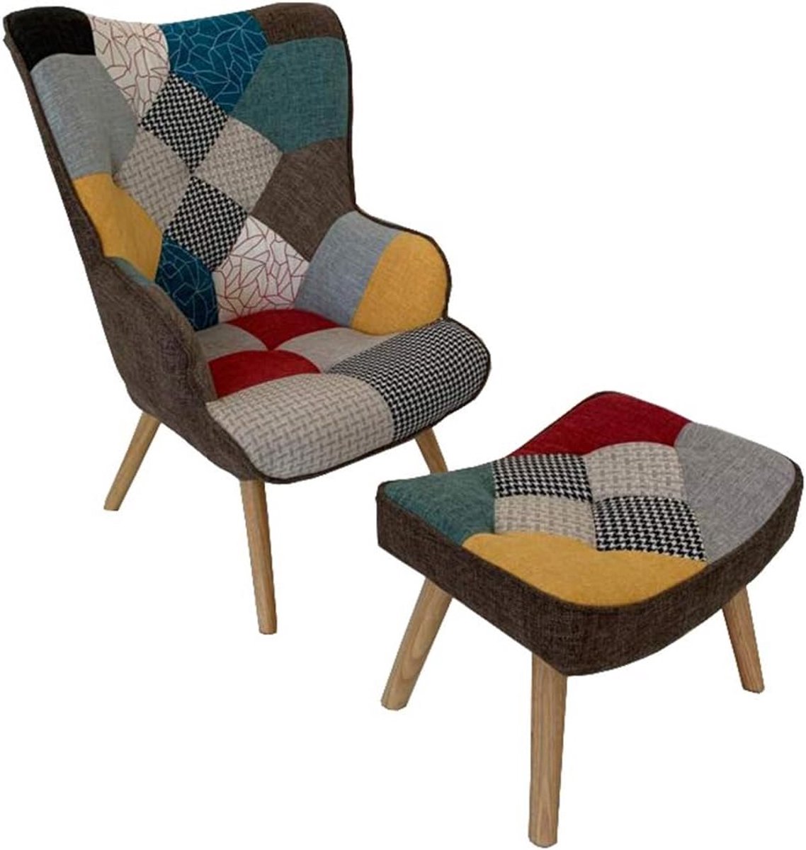 Comfortabele Fauteuil met Poef in Kleurrijk Patchwork Stof en Houten Poten
