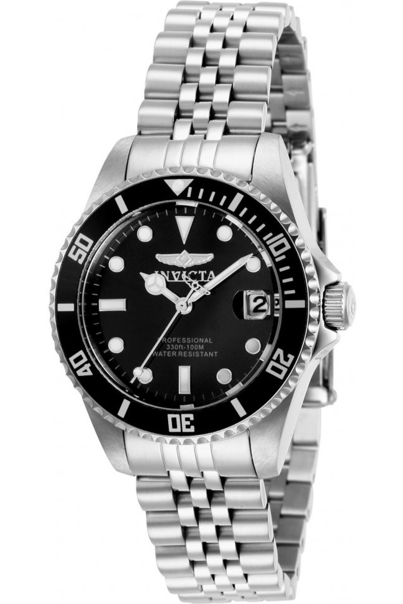 Invicta Pro Diver 29186 Dames Horloge - Waterdicht - Analoog - Quartz Uurwerk - Roestvrij Staal met zwarte Wijzerplaat - 34mm